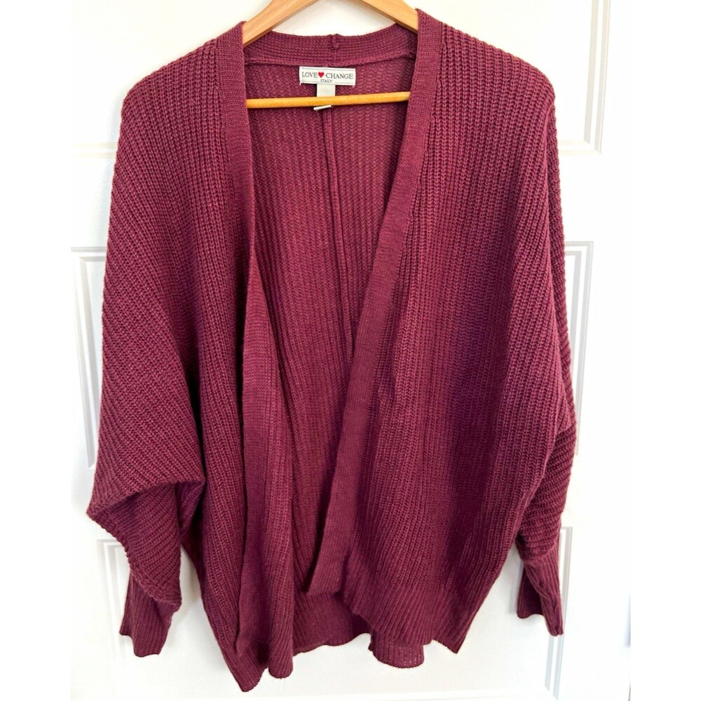 Love Change Italy Women's Cardigan Sweater Burgundy Open Front Slouchy Knit S